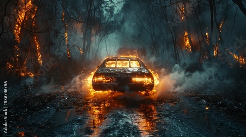 Car on fire in forest at night - generative ai