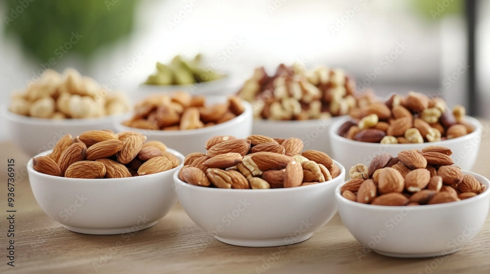 Variety of nuts in small white bowls healthy snacks Variety of nuts in small white bowls healthy snacks