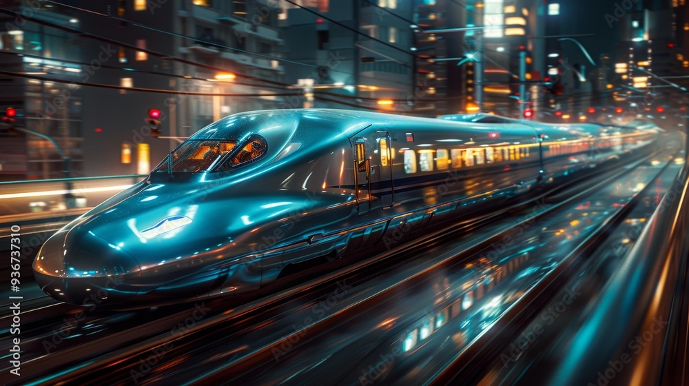 Fototapeta premium High-speed train in a neon city - generative ai