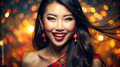 Stunning Asian woman with flawless skin and bright smile, eyes wide with amazement, conveying a sense of wonder and excitement in a vibrant atmosphere. photo