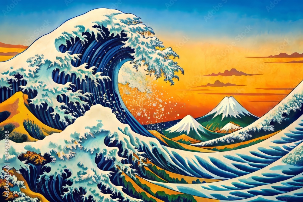 Dynamic waves of traditional Japanese printmaking crashing against the majestic presence of Mount Fuji, bold lines and vivid colors creating an enduring masterpiece.