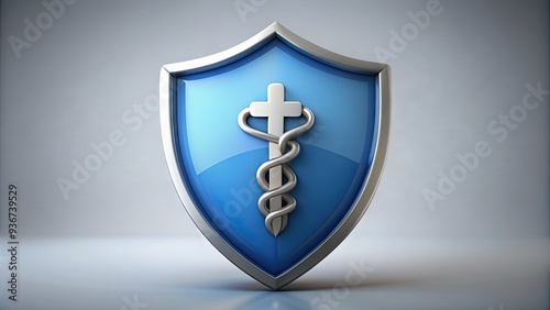 Free Download Stylized blue shield with a white cross and snake symbol, representing medical services, healthcare, and wellness, on a light gray background. - GFXLoad