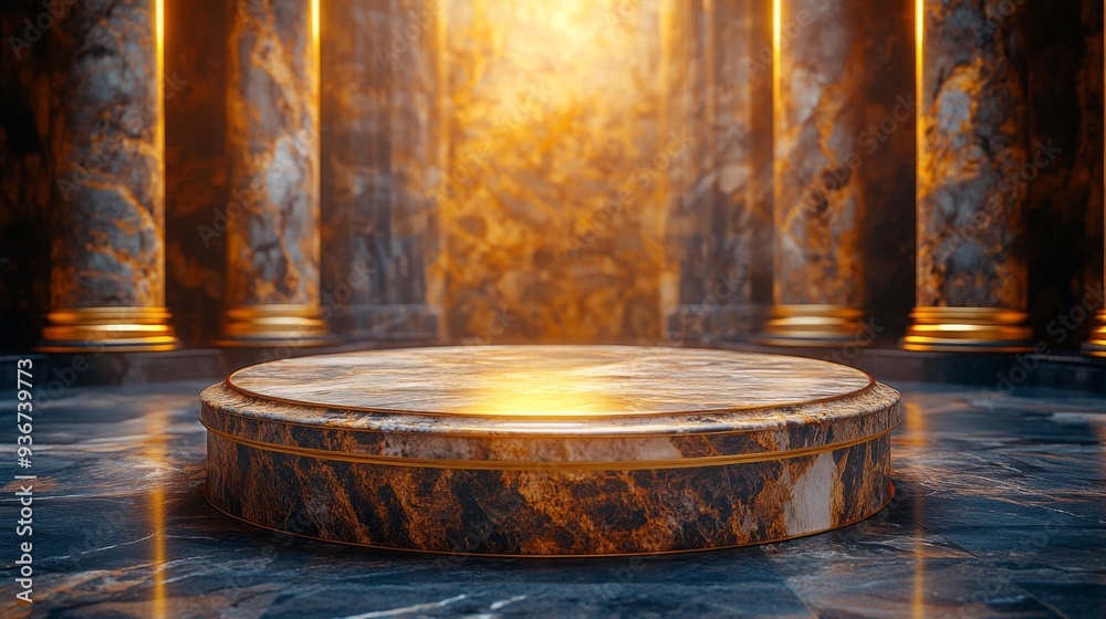 Luxurious marble pedestal in golden light - generative ai