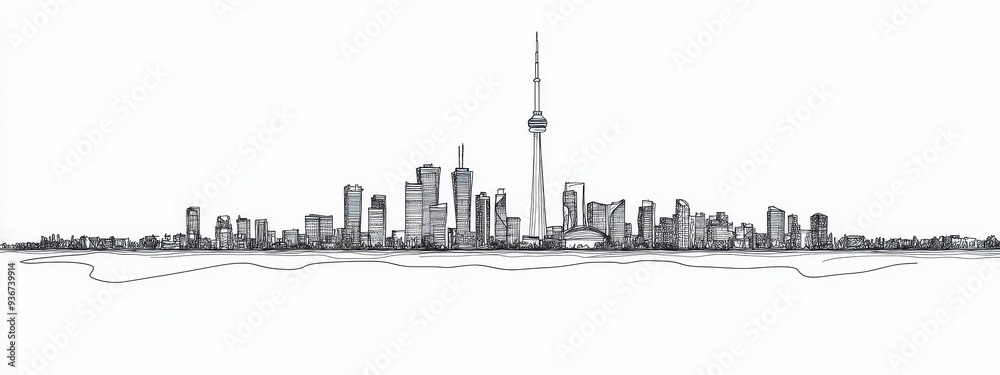 Obraz premium Building city line one continuous outline single art sketch skyline. City illustration building line silhouette house doodle apartment construction cityscape urban architecture hand background linear.