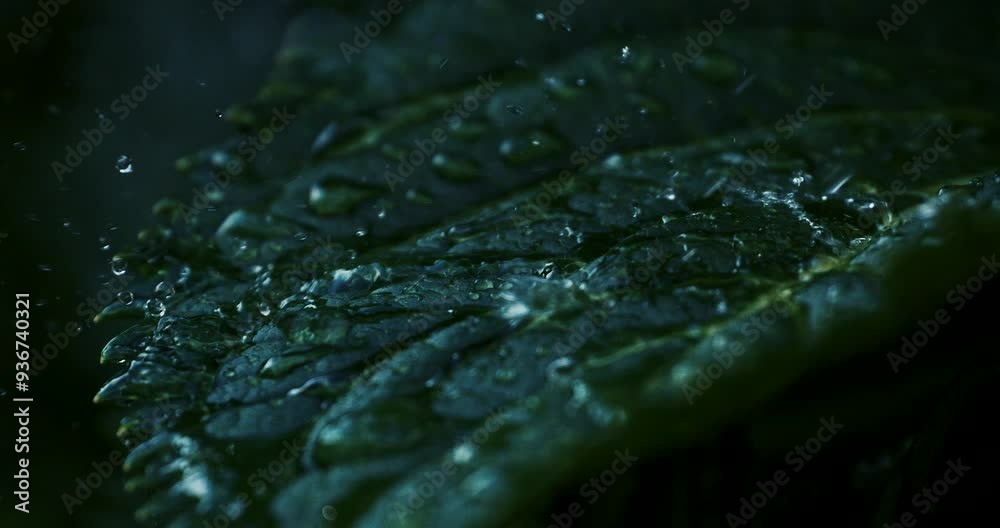 Super slow motion close up of water drops are falling on green tropical plant leaf while raining in rainforest at night at 1000 fps.