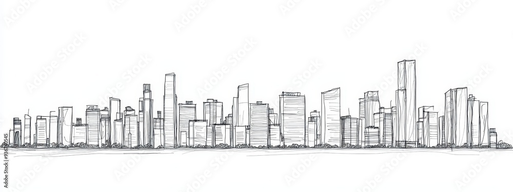 Naklejka premium Building city line one continuous outline single art sketch skyline. City illustration building line silhouette house doodle apartment construction cityscape urban architecture hand background linear.
