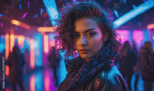 A woman with curly hair poses in a crowded nightclub, bathed in neon lights