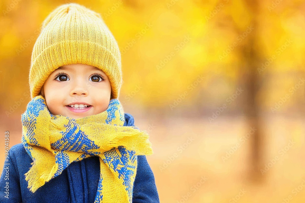 A joyful child bundled up in warm clothing enjoys a sunny autumn day surrounded by golden leaves, radiating happiness and warmth in a picturesque setting A joyful child bundled up in warm clothing enjoys a sunny autumn day surrounded by golden leaves, radiating happiness and warmth in a picturesque setting