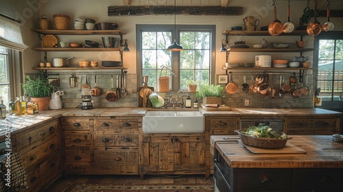 Rustic farmhouse kitchen with wooden accents - generative ai