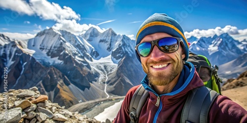 Sunglasses-clad adventurer beams at the camera, surrounded by breathtaking Himalayan scenery, during an acclimatization hike on the iconic Mera Peak trekking route in Nepal. photo