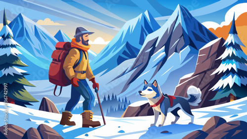 An explorer trekking through snowy mountains with a faithful husky by his side