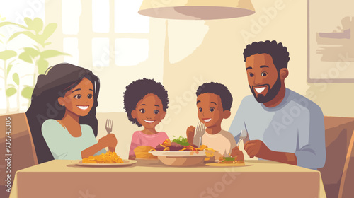 Happy diverse family enjoying a meal together at home, sharing family time, bonding, and celebrating inclusivity and diversity in a warm and cozy dining setting.