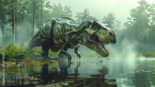 Fototapeta Naklejka Na Ścianę i Meble -  Ferocious dinosaur roaming ancient forest - generative ai