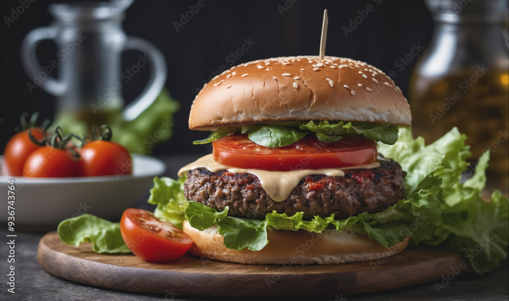 A juicy hamburger sits on a wooden cutting board, ready to be eaten A juicy hamburger sits on a wooden cutting board, ready to be eaten