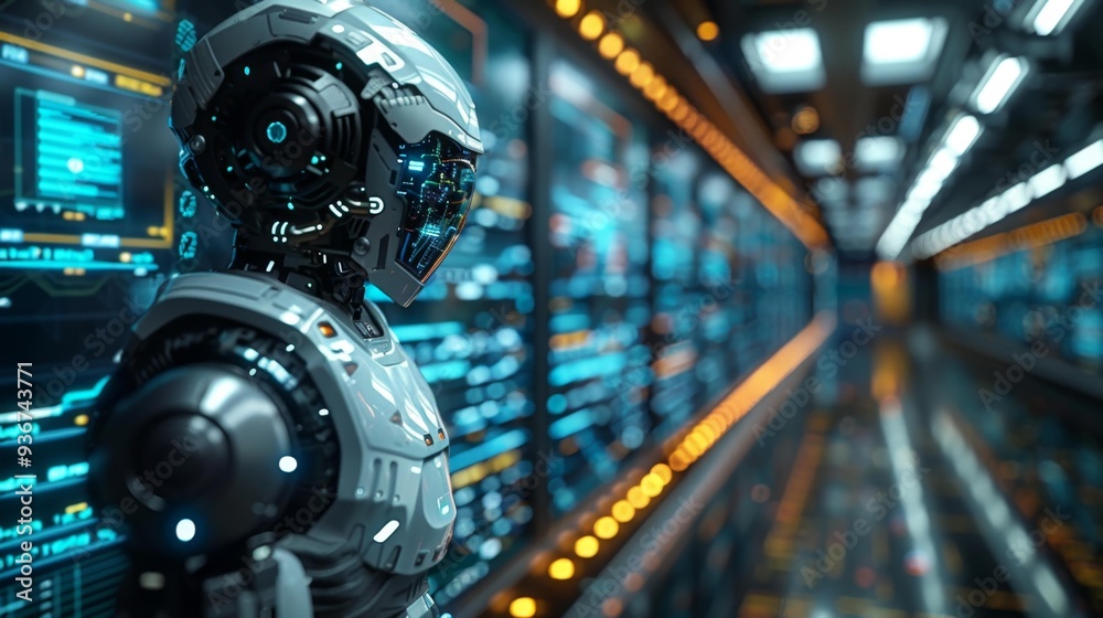 Futuristic Robot in a High-Tech Data Center Generative AI Futuristic Robot in a High-Tech Data Center Generative AI