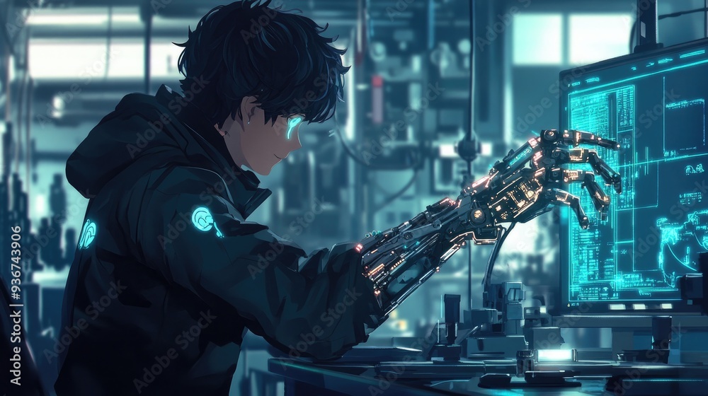 An anime character in a futuristic lab, developing a cybernetic arm with glowing circuits and advanced tools An anime character in a futuristic lab, developing a cybernetic arm with glowing circuits and advanced tools