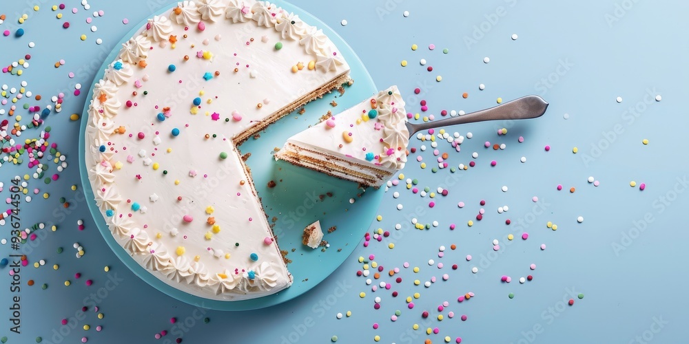 Elegant white birthday cake with a slice removed, viewed from above, featuring a charming server lifting a piece decorated with colorful sprinkles.