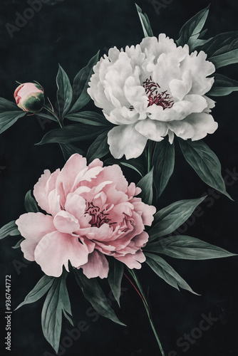 Fototapeta Naklejka Na Ścianę i Meble -  flower print of pale pink and white peonies on dark green leaves background, vintage chinese painting illustration.