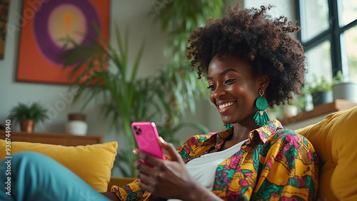 Young afro-american woman using mobile phone, 16:9 widescreen, 300 dpi, with free space for text