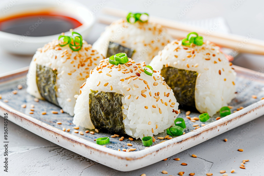 Sushi Rice Balls with Sesame Seeds and Green Onions on a Plate. Delicious Japanese Cuisine with Rice Seaweed and Soy Sauce. Freshly Made Sushi Delight Sushi Rice Balls with Sesame Seeds and Green Onions on a Plate. Delicious Japanese Cuisine with Rice Seaweed and Soy Sauce. Freshly Made Sushi Delight