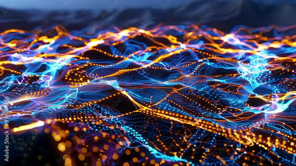 Abstract landscape of glowing lines and dots representing digital connectivity and technology advancements in vibrant colors. Abstract landscape of glowing lines and dots representing digital connectivity and technology advancements in vibrant colors.