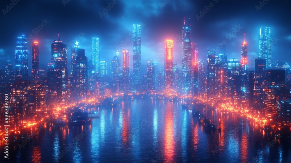 Fototapeta premium Futuristic cyberpunk cityscape at night - generative ai