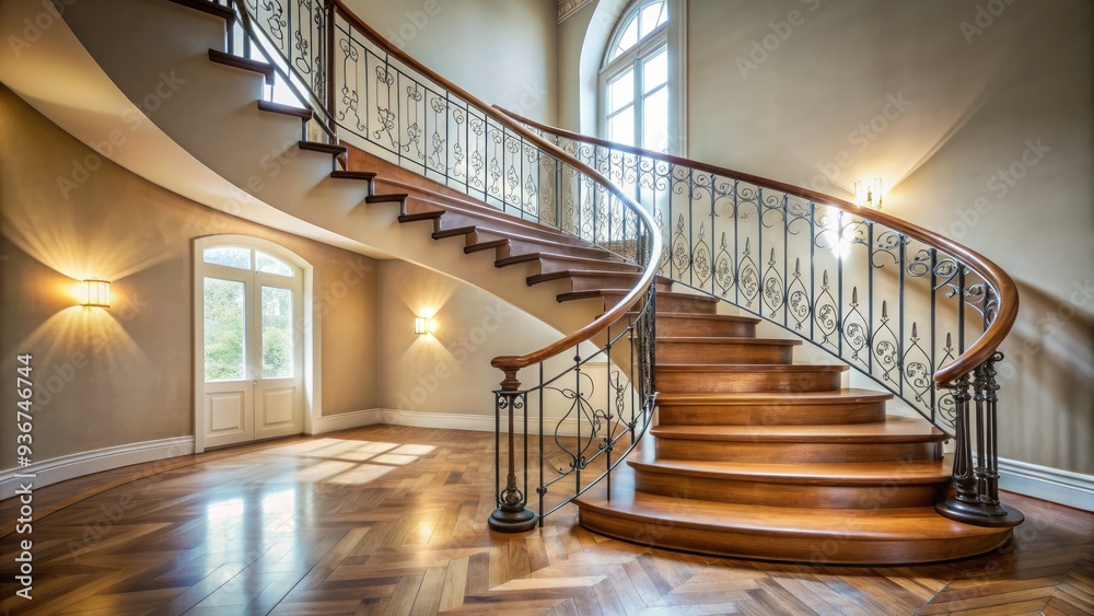 Sweeping curved staircase with ornate metal railing and polished wooden steps winds upward, bathed in soft natural light, against a neutral background. Sweeping curved staircase with ornate metal railing and polished wooden steps winds upward, bathed in soft natural light, against a neutral background.