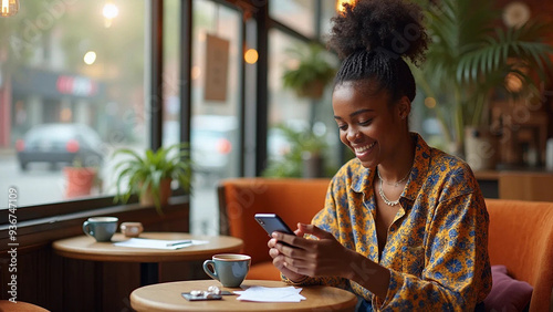 Young afro-american woman using mobile phone, 16:9 widescreen, 300 dpi, with free space for text