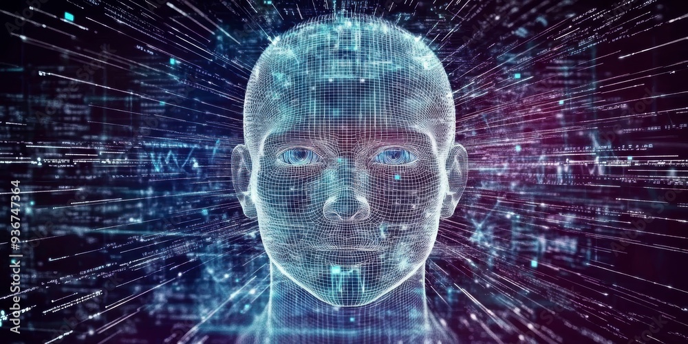 A holographic AI face surrounded by vibrant data streams, symbolizing the power of AI in technology and business A holographic AI face surrounded by vibrant data streams, symbolizing the power of AI in technology and business