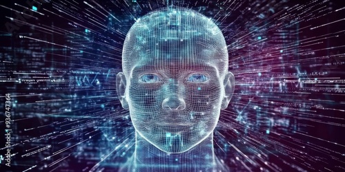 A holographic AI face surrounded by vibrant data streams, symbolizing the power of AI in technology and business