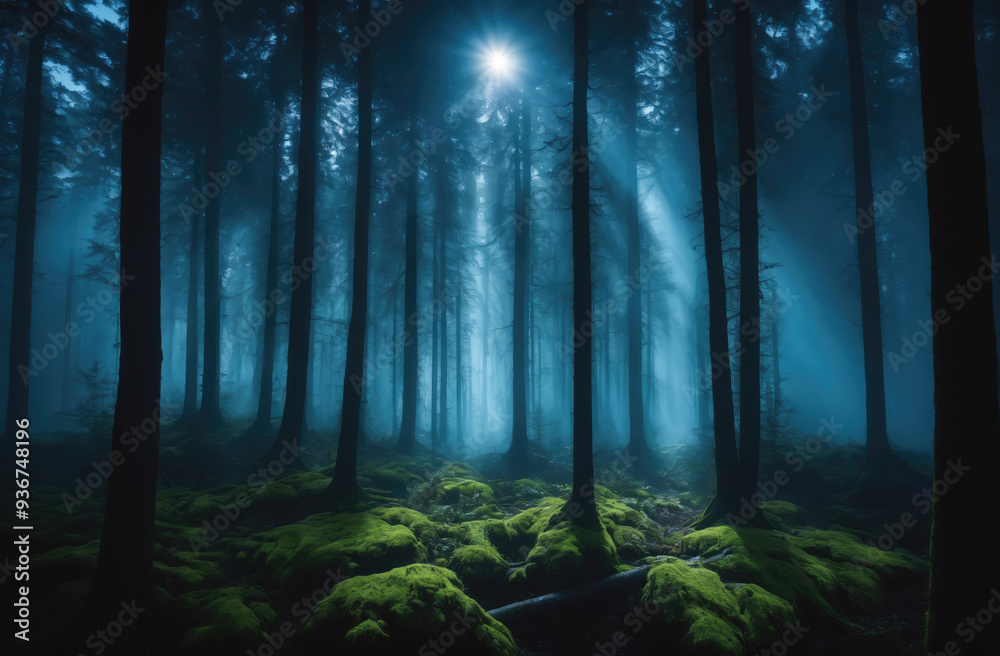 Obraz premium A moonlit forest in the early hours of the morning, with fog swirling through the trees and the light filtering through the branches