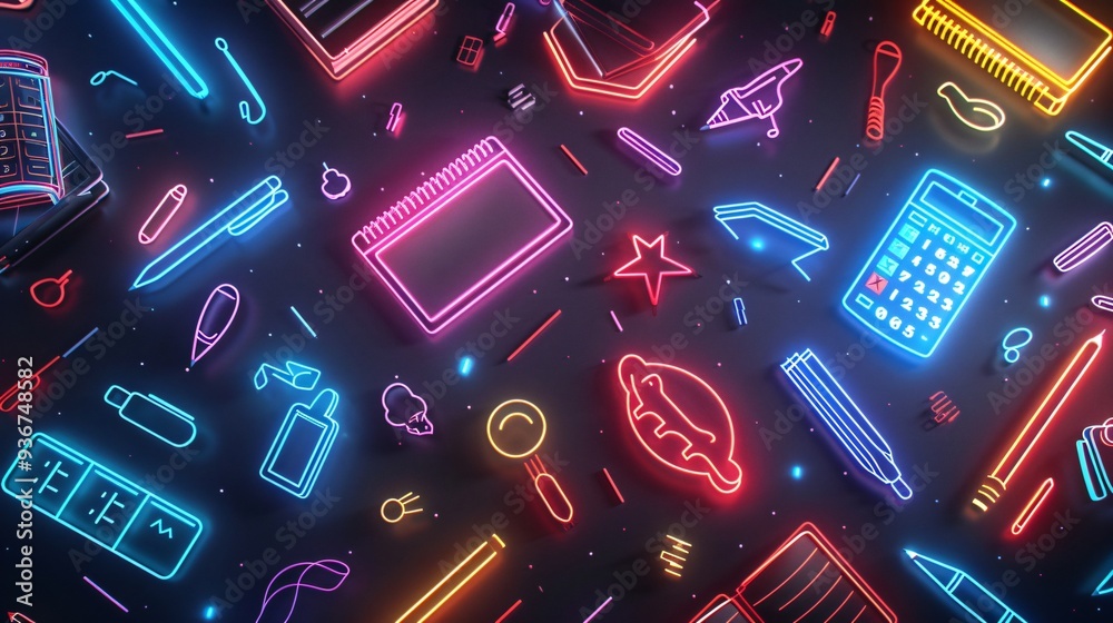 Glowing office stationery icons background Glowing office stationery icons background