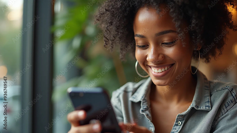 Young afro-american woman using mobile phone, 16:9 widescreen, 300 dpi, with free space for text Young afro-american woman using mobile phone, 16:9 widescreen, 300 dpi, with free space for text