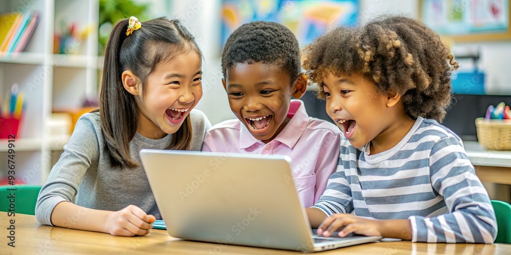 Three ethnically diverse elementary school students gather around a laptop, beaming with excitement as they watch an engaging educational video together in class. Three ethnically diverse elementary school students gather around a laptop, beaming with excitement as they watch an engaging educational video together in class.