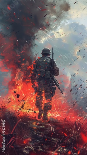 A soldier in anime style walks through a fiery battlefield, surrounded by smoke and destruction, embodying courage in conflict