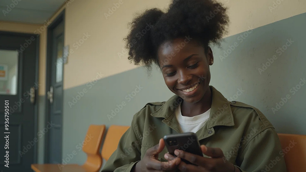 Young afro-american woman using mobile phone, 16:9 widescreen, 300 dpi, with free space for text Young afro-american woman using mobile phone, 16:9 widescreen, 300 dpi, with free space for text