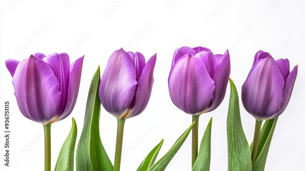 Purple tulips in bloom on white background Purple tulips in bloom on white background