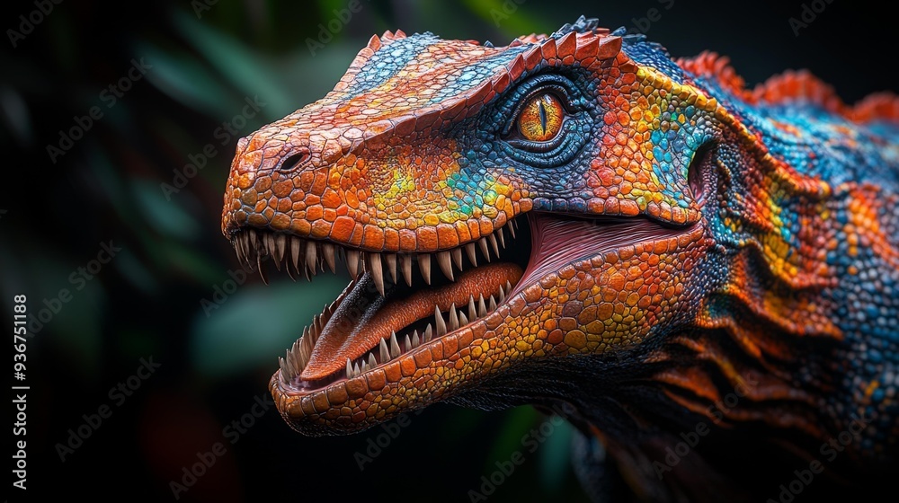 Fototapeta premium Vibrant dinosaur close-up with scaly texture - generative ai