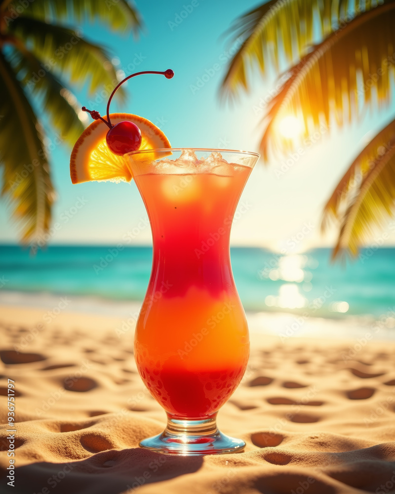 A colorful Sex on the Beach cocktail, garnished with an orange slice and cherry, sits on sunlit sand with a backdrop of turquoise ocean and swaying palm trees. A colorful Sex on the Beach cocktail, garnished with an orange slice and cherry, sits on sunlit sand with a backdrop of turquoise ocean and swaying palm trees.