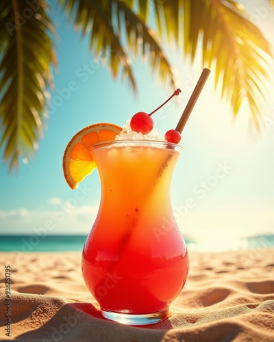 A colorful Sex on the Beach cocktail, garnished with an orange slice and cherry, sits on sunlit sand with a backdrop of turquoise ocean and swaying palm trees.