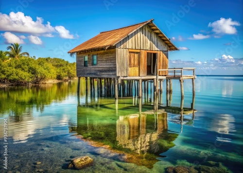 Traditional wooden stilt house with corrugated metal roof stands above calm waters in Cayo Granma Key, showcasing rustic charm of local fishing community dwellings. photo