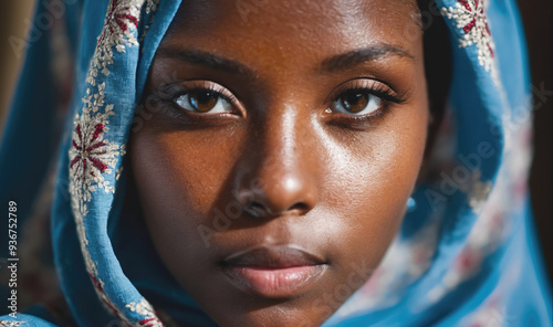 A woman with dark skin stares intently at the camera photo