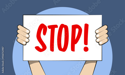 Hände halten Stop Schild hoch vor blauem Hintergrund.