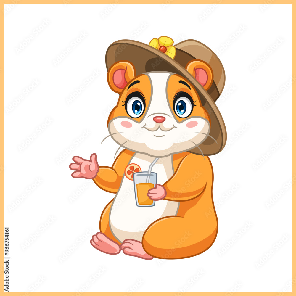 Fototapeta premium cartoon hamster relaxing wearing a hat and holding a glass of orange juice