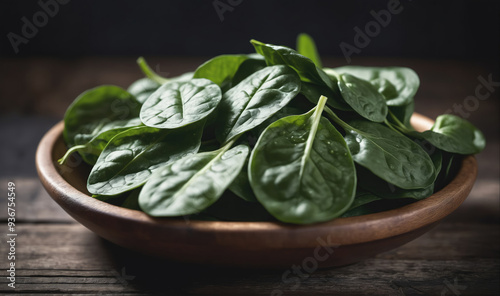 A bowl of fresh spinach leaves sits on a wooden table