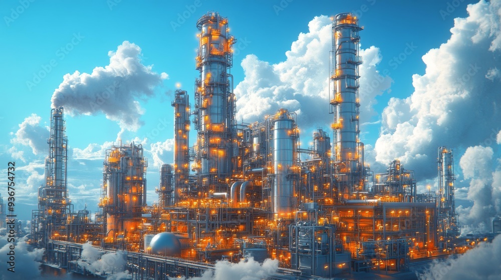 Industrial refinery plant with bright lights and clouds - generative ai