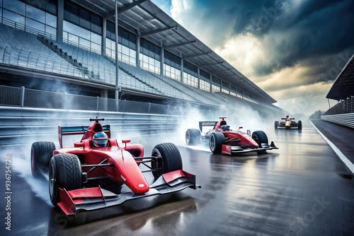 Two sleek racing cars, one red and one silver, speed past an empty grandstand on a damp track, wheels spraying water and tires scorching the asphalt.