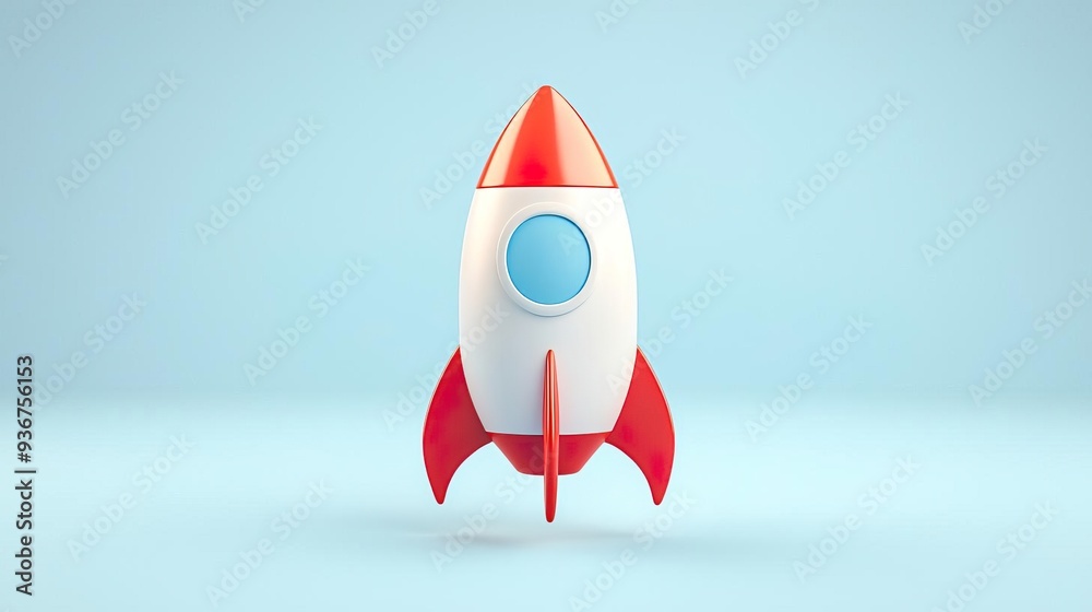 Red and white cartoon rocket on a blue background. Red and white cartoon rocket on a blue background.