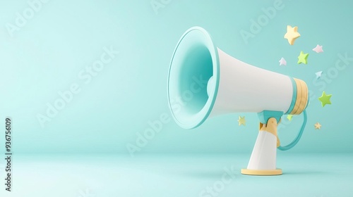 3D render of a yellow megaphone with blue stand and Christmas tree on blue background