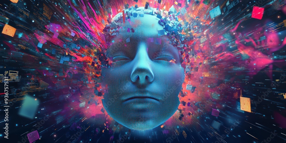 A holographic AI face surrounded by vibrant data streams, symbolizing the power of AI in technology and business A holographic AI face surrounded by vibrant data streams, symbolizing the power of AI in technology and business